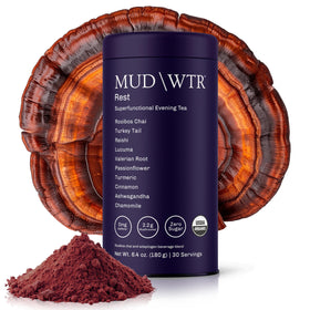MUDWTR Rest powder bottle showcasing organic ingredients for a calming evening ritual.