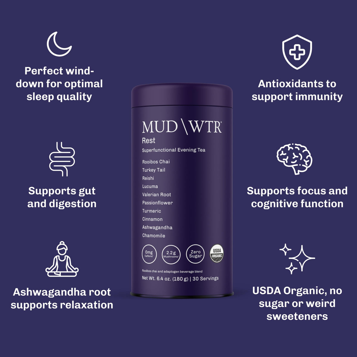 MUDWTR Rest pouring into a steaming cup signals a relaxing nighttime routine.