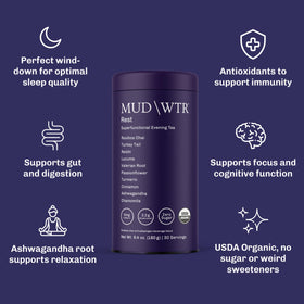 MUDWTR Rest pouring into a steaming cup signals a relaxing nighttime routine.
