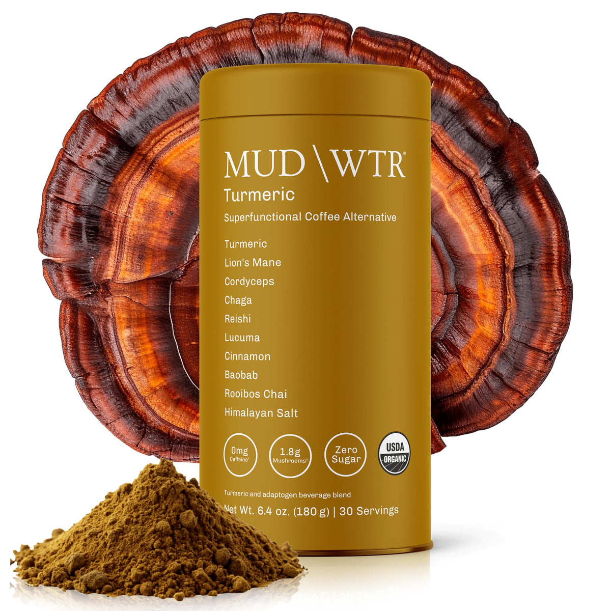 MudWTR Turmeric Decaf packaging with logo highlighting an organic blend for daily focus