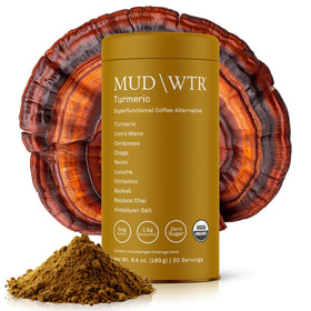 MudWTR Turmeric Decaf packaging with logo highlighting an organic blend for daily focus