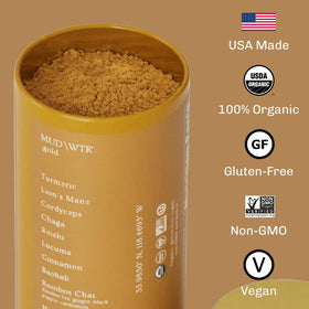 MudWTR Turmeric Decaf spice blend close-up with ginger and turmeric for flavor