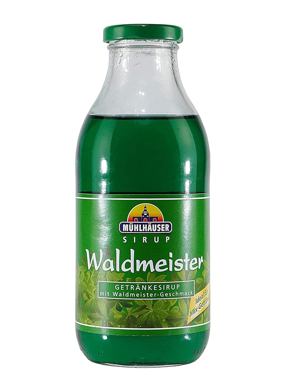 Muehlhaeuse Waldmeister Syrup bottle on table, ideal for authentic German beverages.