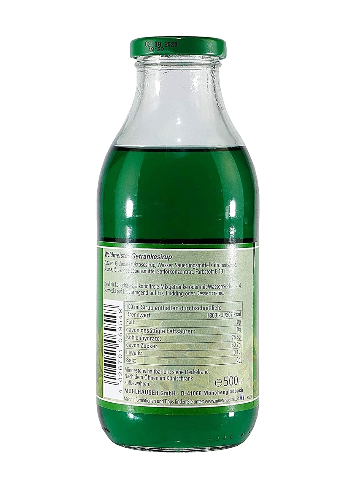 Pouring Muehlhaeuse Waldmeister Syrup into a glass for a vibrant drink.