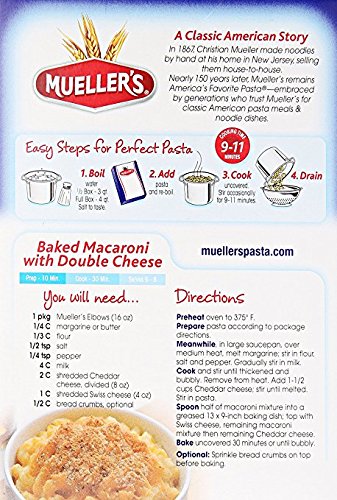 Mueller's elbow pasta nutrition label highlights serving size information.