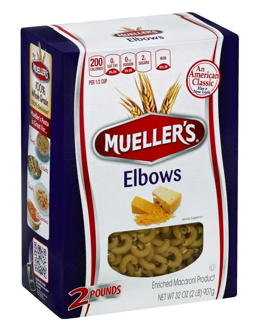 Mueller's elbow pasta packaging shows value with a two-pack option.