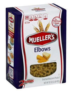 Mueller's elbow pasta packaging shows value with a two-pack option.