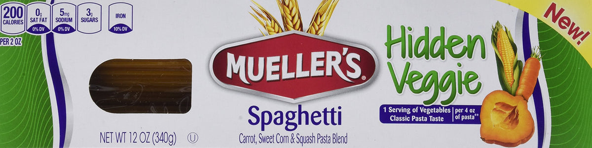 Mueller's Hidden Veggie Pasta spaghetti pack beside a plated dish, showcasing convenient veggie inclusion.