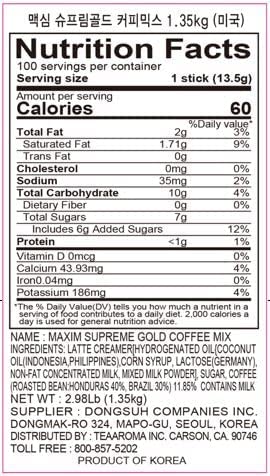 Muellery Maxim Supreme Gold ingredient list highlighting milk and sugar balance