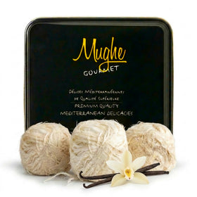 Mughe Gourmet Pismaniye tin packaging offers premium gifting presentation.