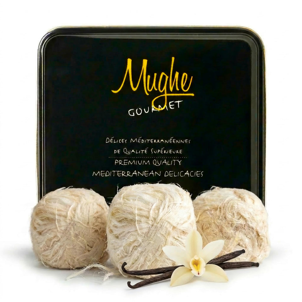 Mughe Gourmet Pismaniye tin packaging offers premium gifting presentation.