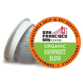 Mugs N Coffee SF Bay Organic Rainforest Pods in a box for fresh, sustainable brewing.