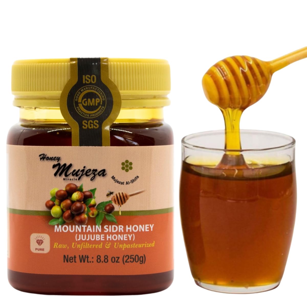 Mujeza Al Shifa authentic sidr honey pour showing smooth, rich flavor for daily use.