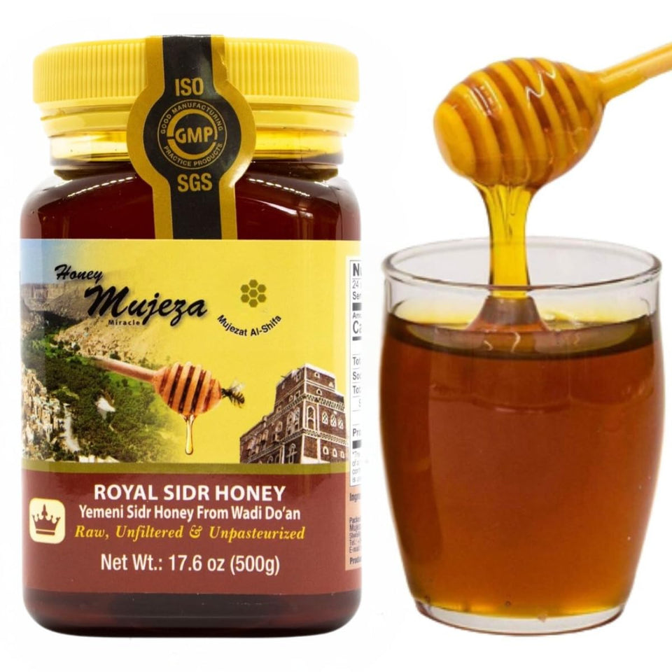 Mujeza Al Shifa Yemen Sidr honey bottle highlights premium purity for daily sweetness.
