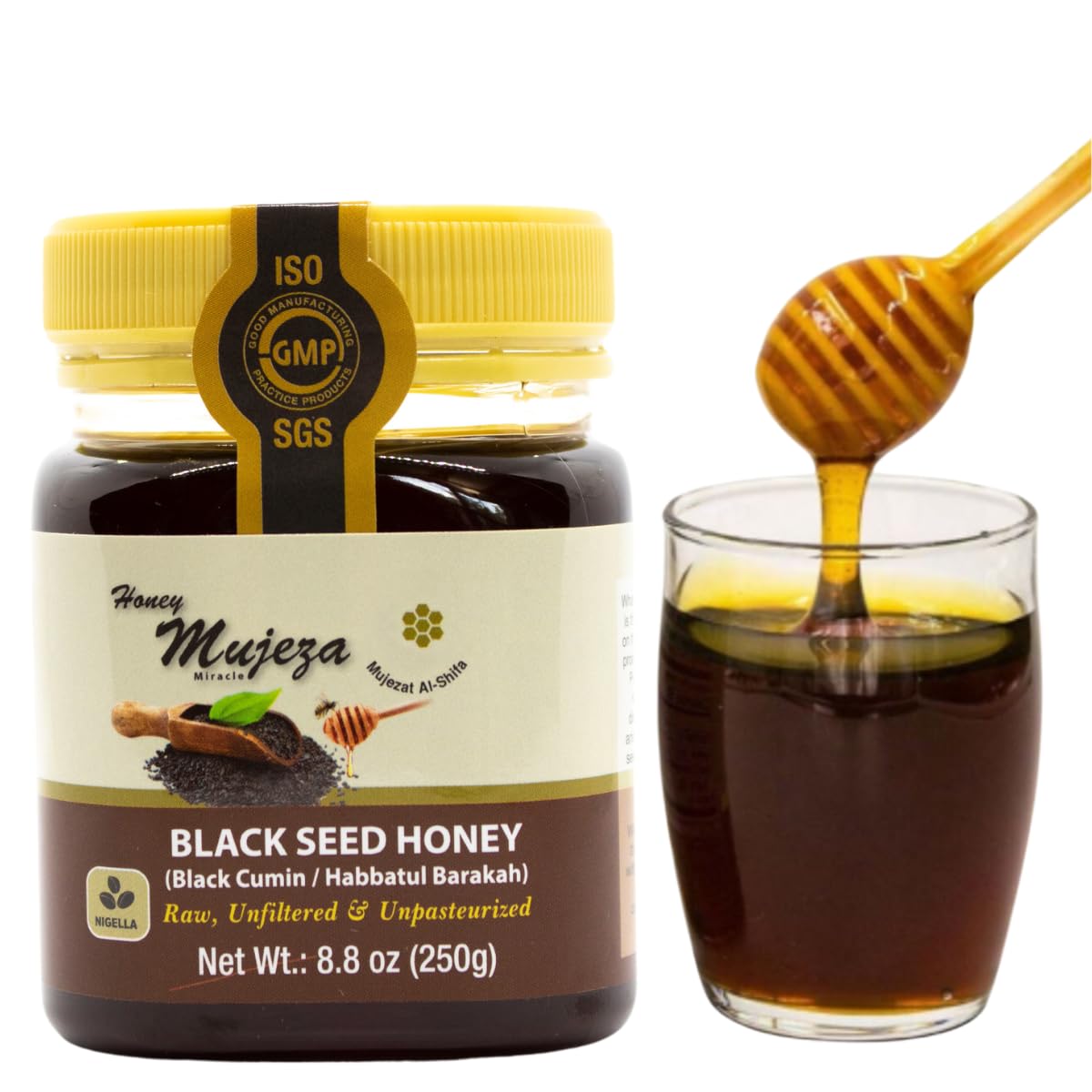 Mujeza Al Shifa black seed honey bottle for daily natural sweetness and flavor.