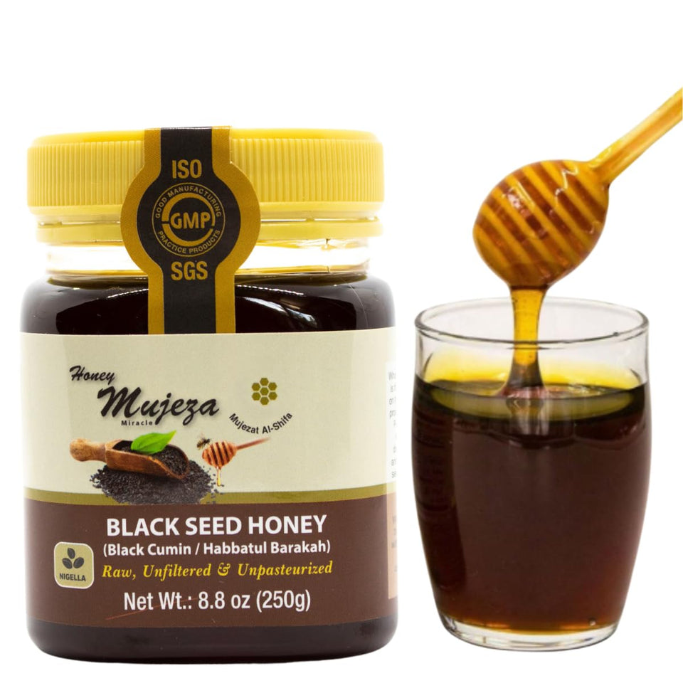 Mujeza Al Shifa black seed honey bottle for daily natural sweetness and flavor.