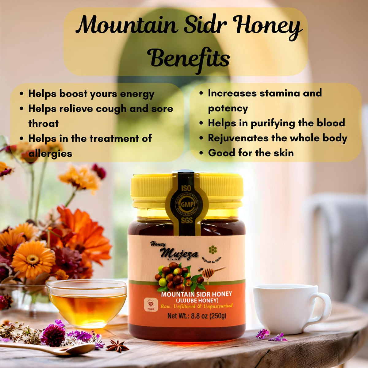 Mujeza Al Shifa jujube honey label close-up indicating premium, additive-free flavor.