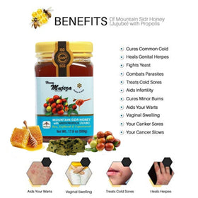 Mujeza Al Shifa mountain honey bottle on rugged mountain backdrop