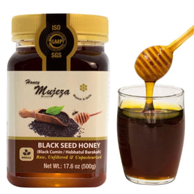 Mujeza Black Seed Honey bottle front view highlighting raw, unpasteurized quality and natural sweetness.