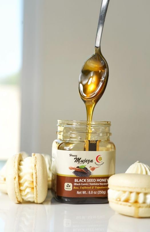 Mujeza Black Seed Honey raw bottle with label clarity highlighting origin and purity.