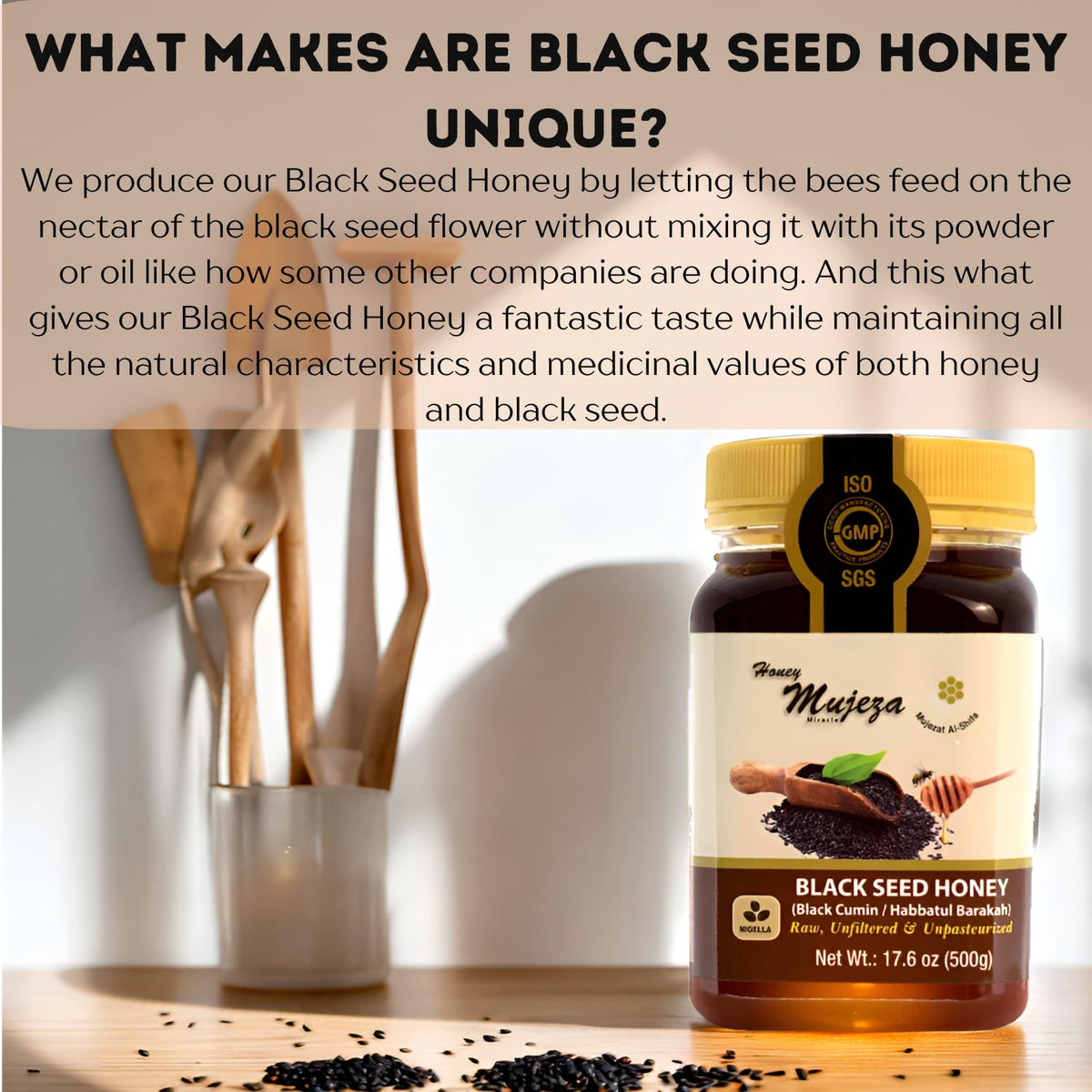 Mujeza Black Seed Honey pour shot for convenient use in daily rituals.