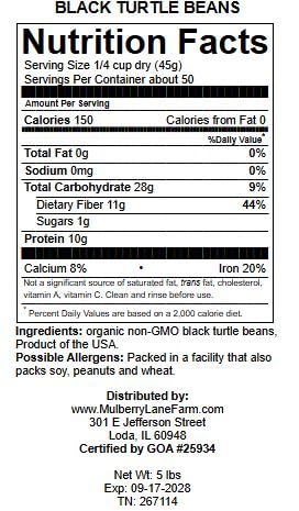 Close-up of dried black turtle beans from Mulberry Lane Farms