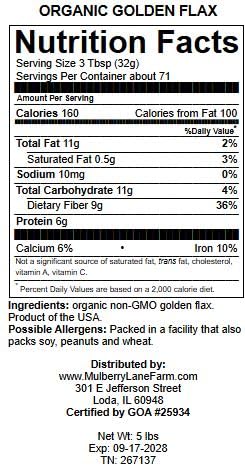Mulberry Lane Farms GOA-certified organic flax seed on the kitchen shelf.