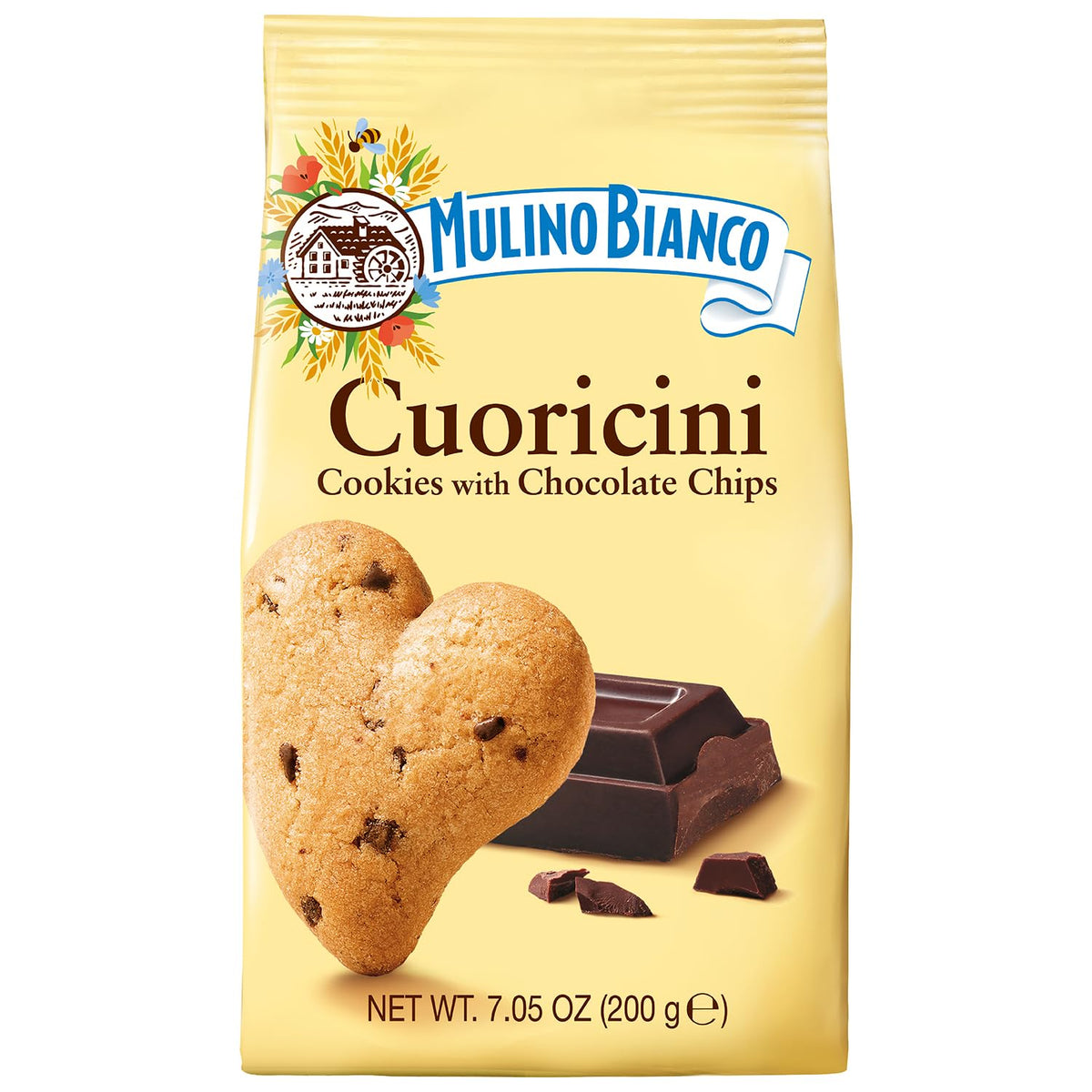 Mulino Bianco Cuoricini heart-shaped cookies with chocolate chips, ideal for a sweet snack.