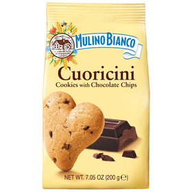 Mulino Bianco Cuoricini heart-shaped cookies with chocolate chips, ideal for a sweet snack.