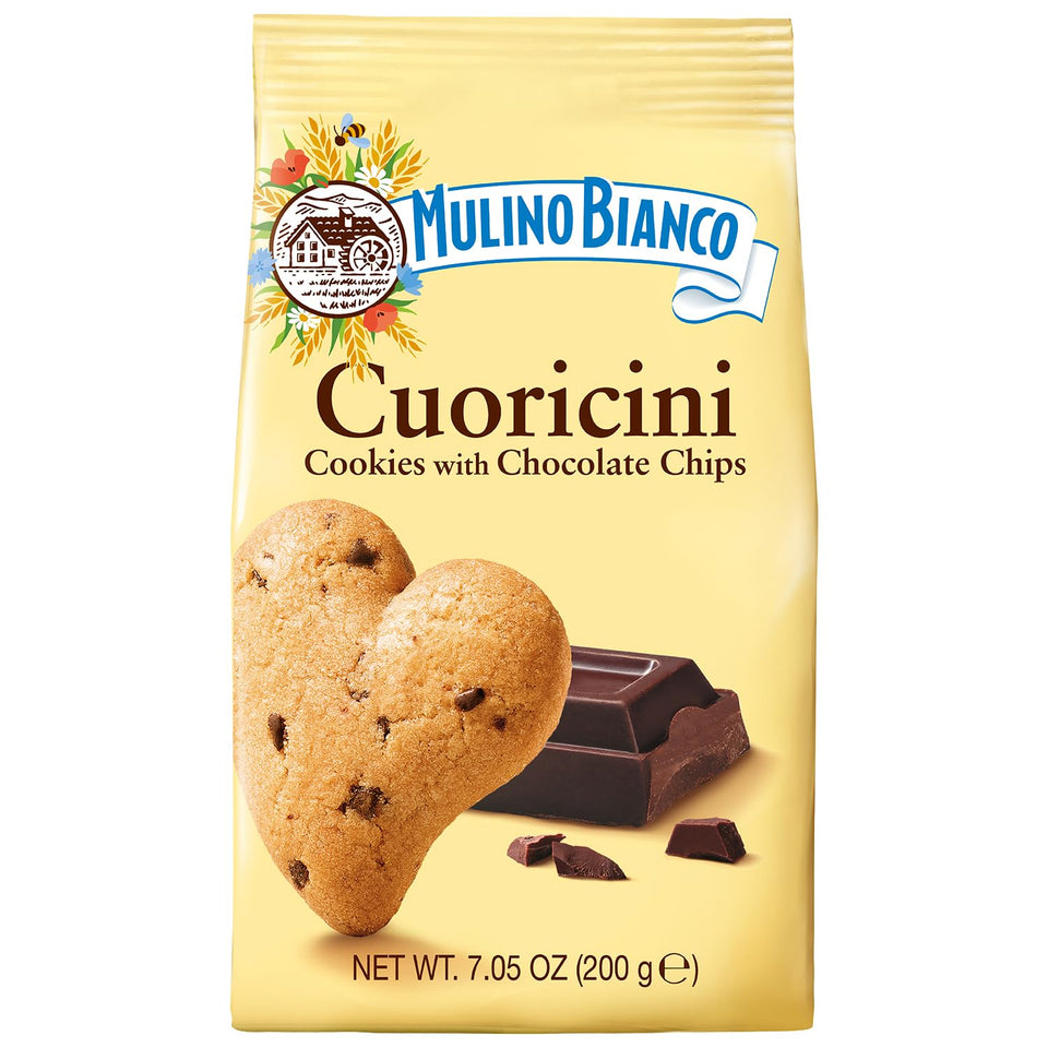 Mulino Bianco Cuoricini heart-shaped cookies with chocolate chips, ideal for a sweet snack.