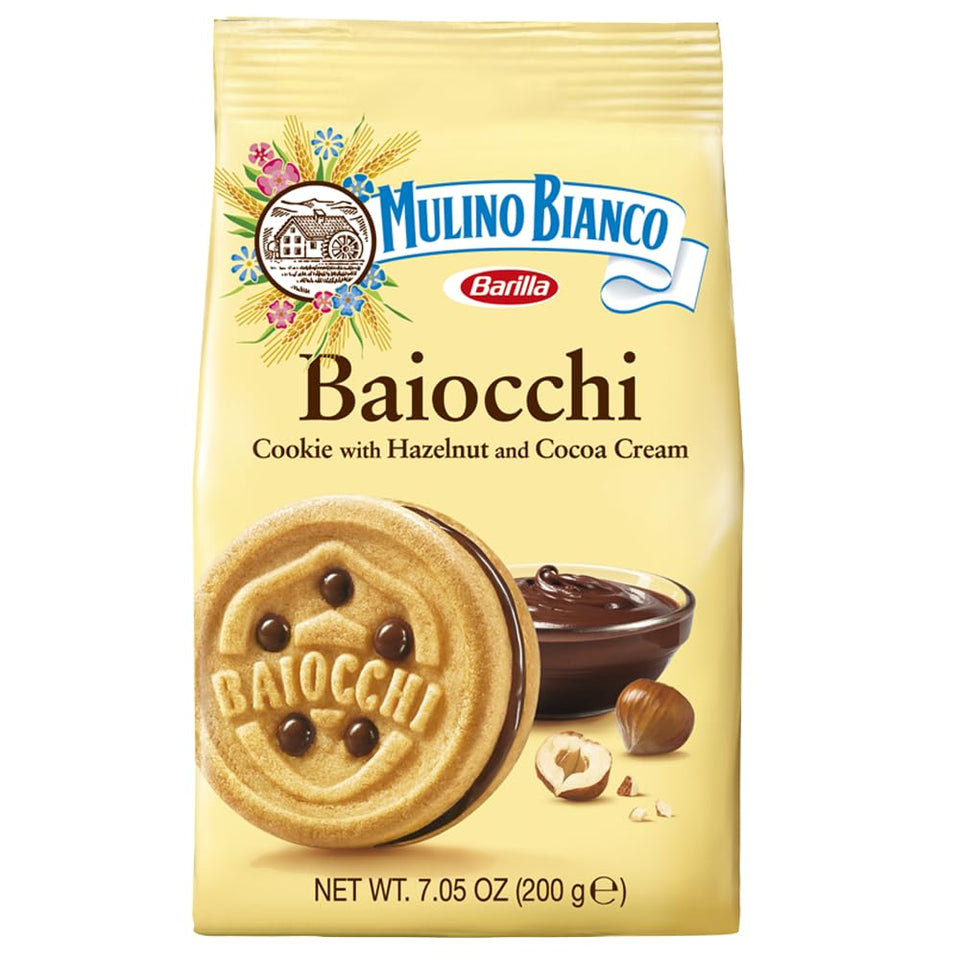 Mulino Bianco Hazelnut Cream Cookies pack front view, buttery shortbread with hazelnut filling, ideal with coffee