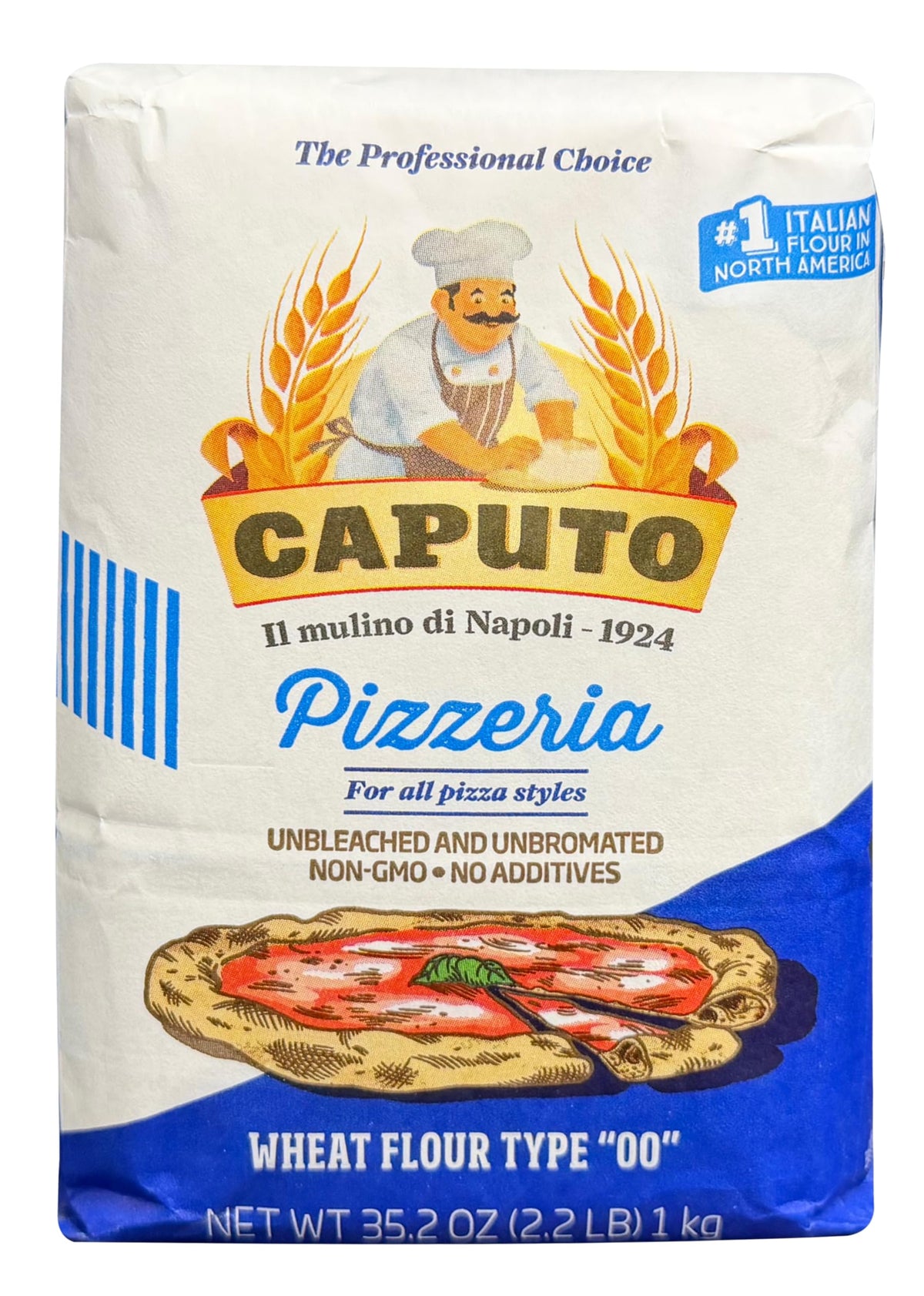 Close-up of Mulino Caputo 00 flour texture, suggesting smooth dough results.