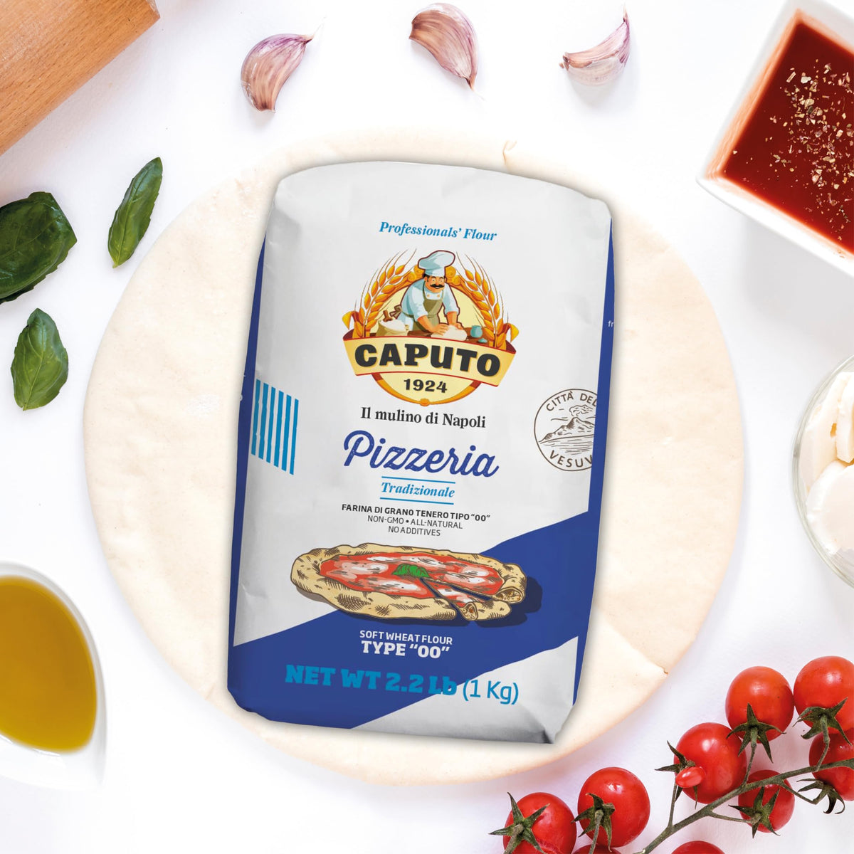 Neapolitan-style pizza crust crafted with Mulino Caputo 00 flour.