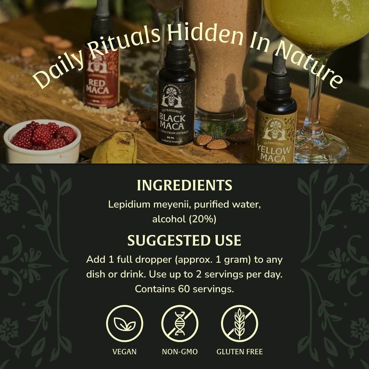 Munay Botanicals Black Maca Extract label highlights antioxidants and phytonutrients for vitality.