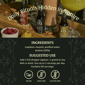 Munay Botanicals Black Maca Extract label highlights antioxidants and phytonutrients for vitality.