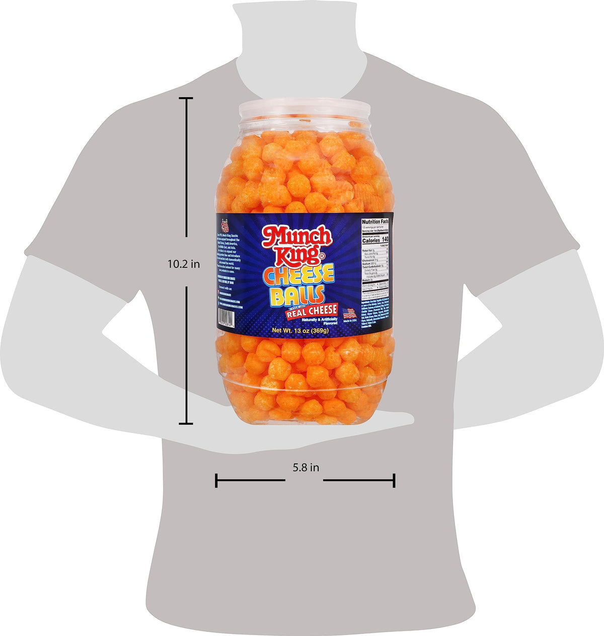 Munch King Cheese Balls barrel highlighting resealable lid for freshness.