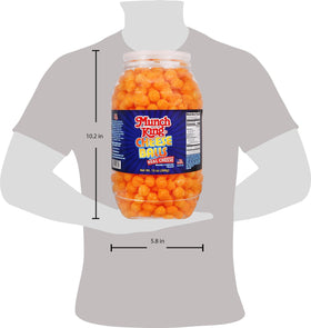 Munch King Cheese Balls barrel highlighting resealable lid for freshness.