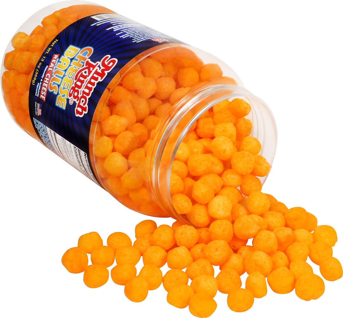 Munch King Cheese Balls barrel front view showing resealable lid for freshness.