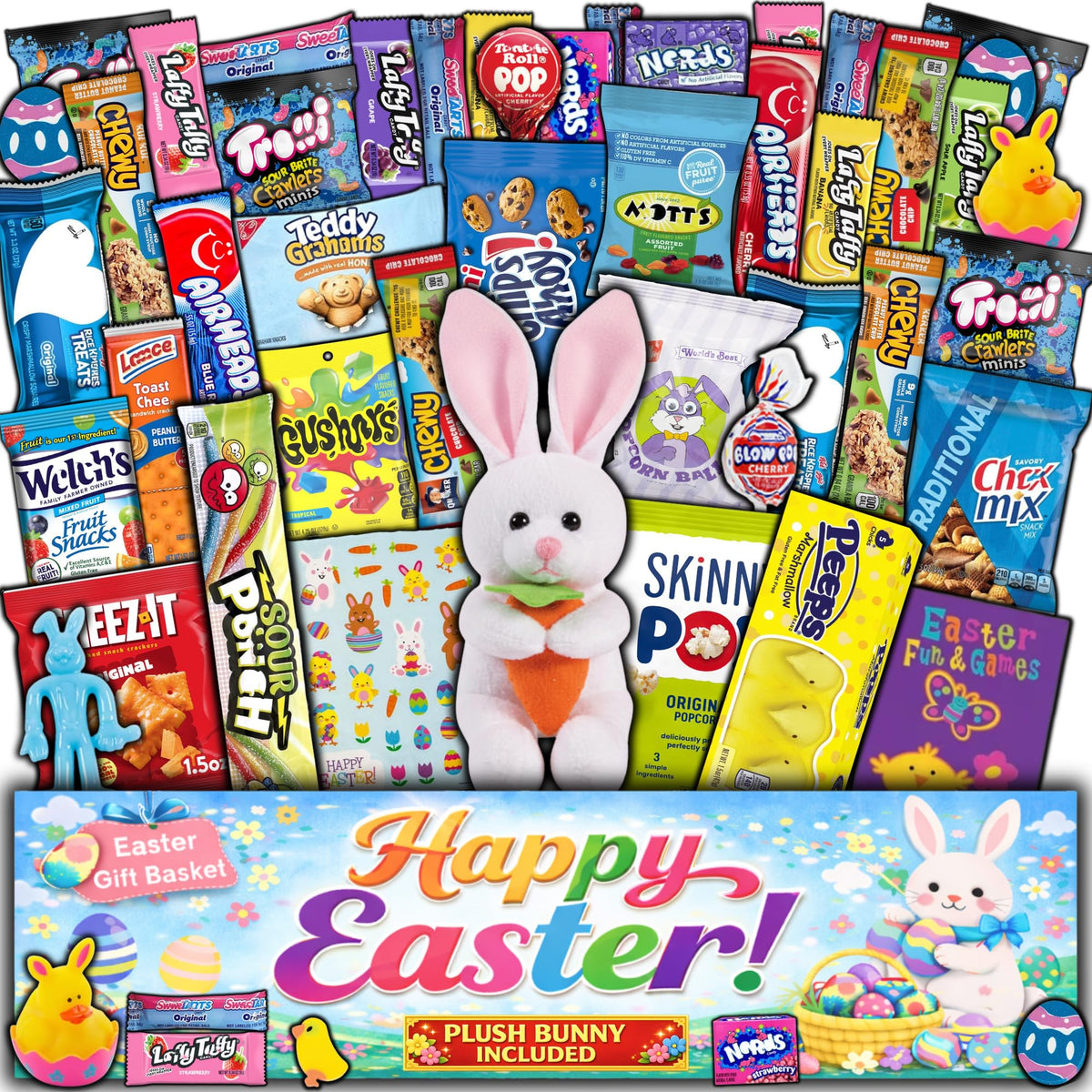 Munch Mania Easter basket filled contents displaying candy and snacks for gifting