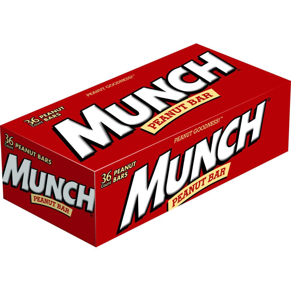 MUNCH Peanut Bar box front shows gluten-free packaging and 6g protein per bar.