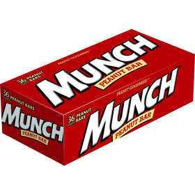 MUNCH Peanut Bar box front shows gluten-free packaging and 6g protein per bar.