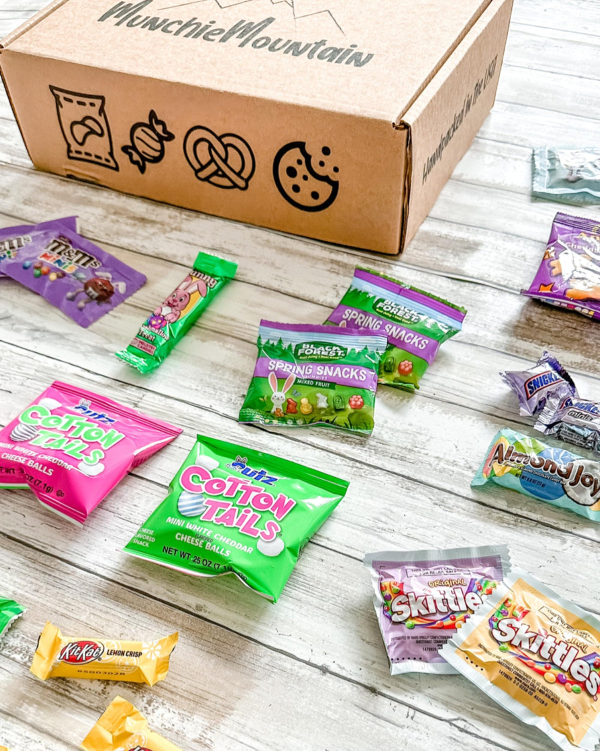 Munchie Mountain Easter candy box—assorted treats for classroom celebrations.