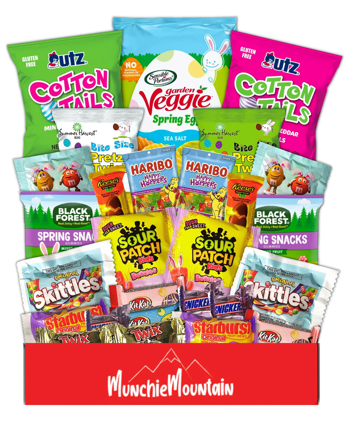 Munchie Mountain Easter care package—40 snacks, ideal for gifting this spring.