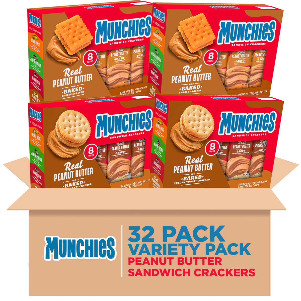 MUNCHIES Sandwich Crackers cheese peanut butter sleeve for on-the-go snacking.