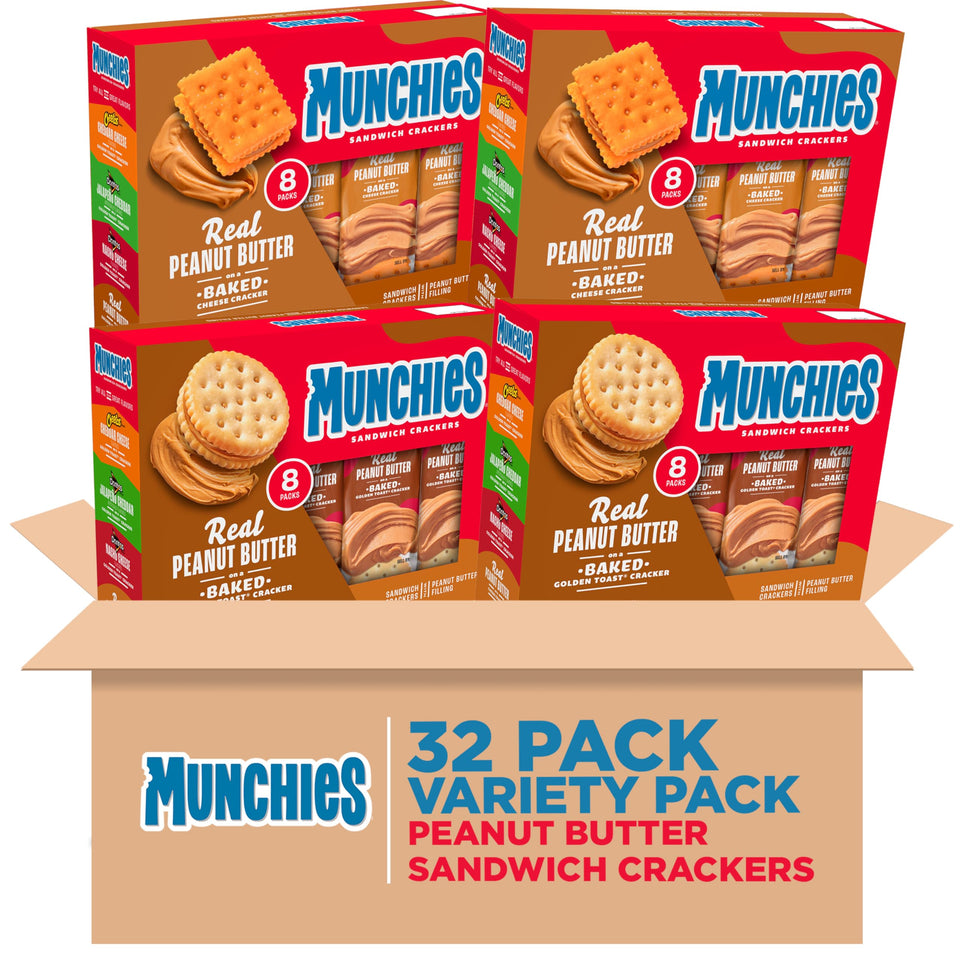 MUNCHIES Sandwich Crackers cheese peanut butter sleeve for on-the-go snacking.