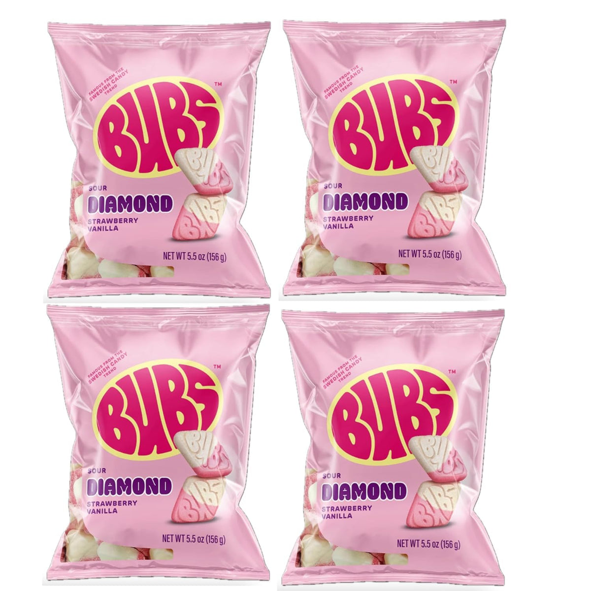 Munchique BUBS Swedish Foam Candy Strawberry Vanilla 4-bag pack, soft and shareable.