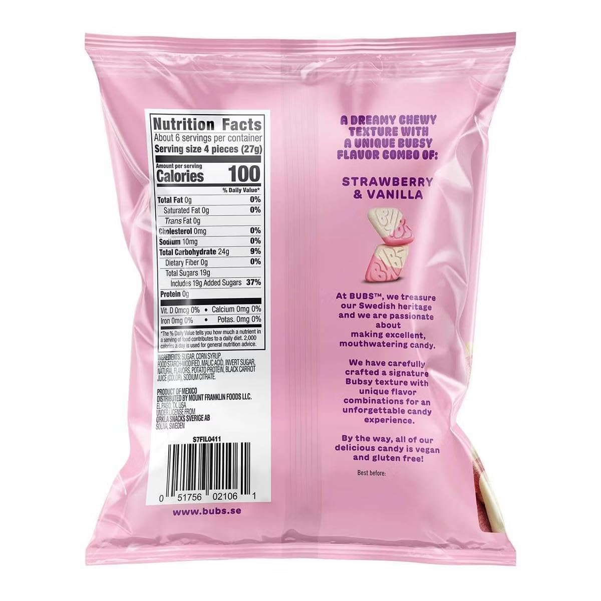 Munchique BUBS Swedish Foam Candy bag shown, vegan and gluten-free option for snacking.