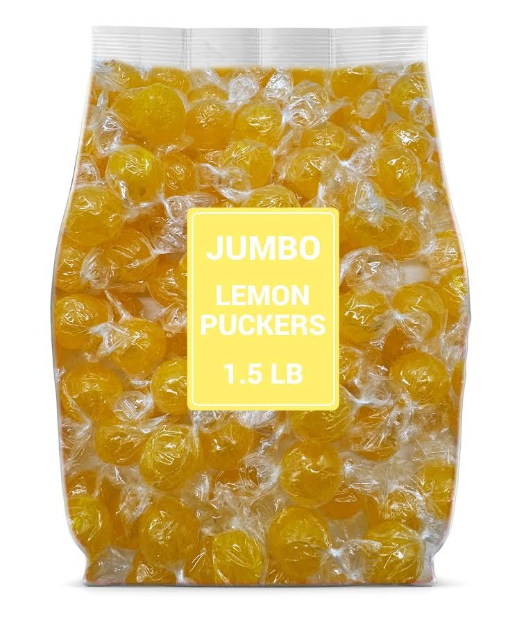 Munchique Jumbo Lemon Puckers bag with glossy yellow candies for bright party spreads