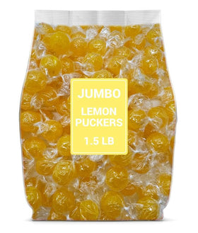 Munchique Jumbo Lemon Puckers bag with glossy yellow candies for bright party spreads