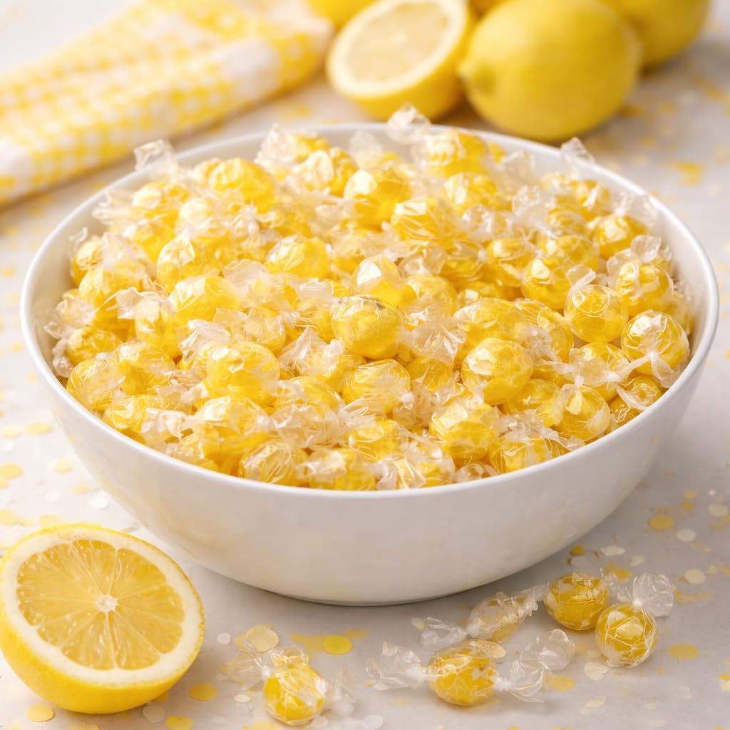 Close-up of Munchique Lemon Puckers candies showing vibrant color and shine